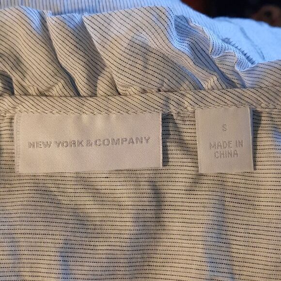 New York and Co Pin Striped Ruffle Buttoned Blouse Cotton Tunic - Picture 6 of 8